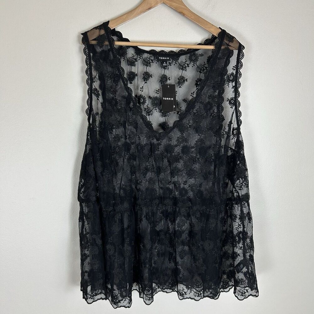 TORRID Black Floral Lace Sheer Babydoll Tunic Tank Overlay Top size 4X Peplum